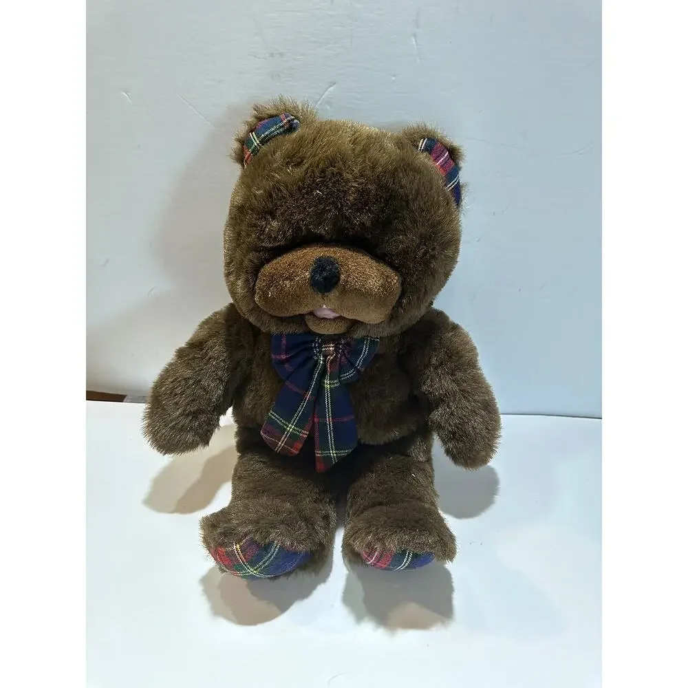 ToyORama vintage teddy bear brown Plush Stuffed Animal checkered bowl & paws 21”